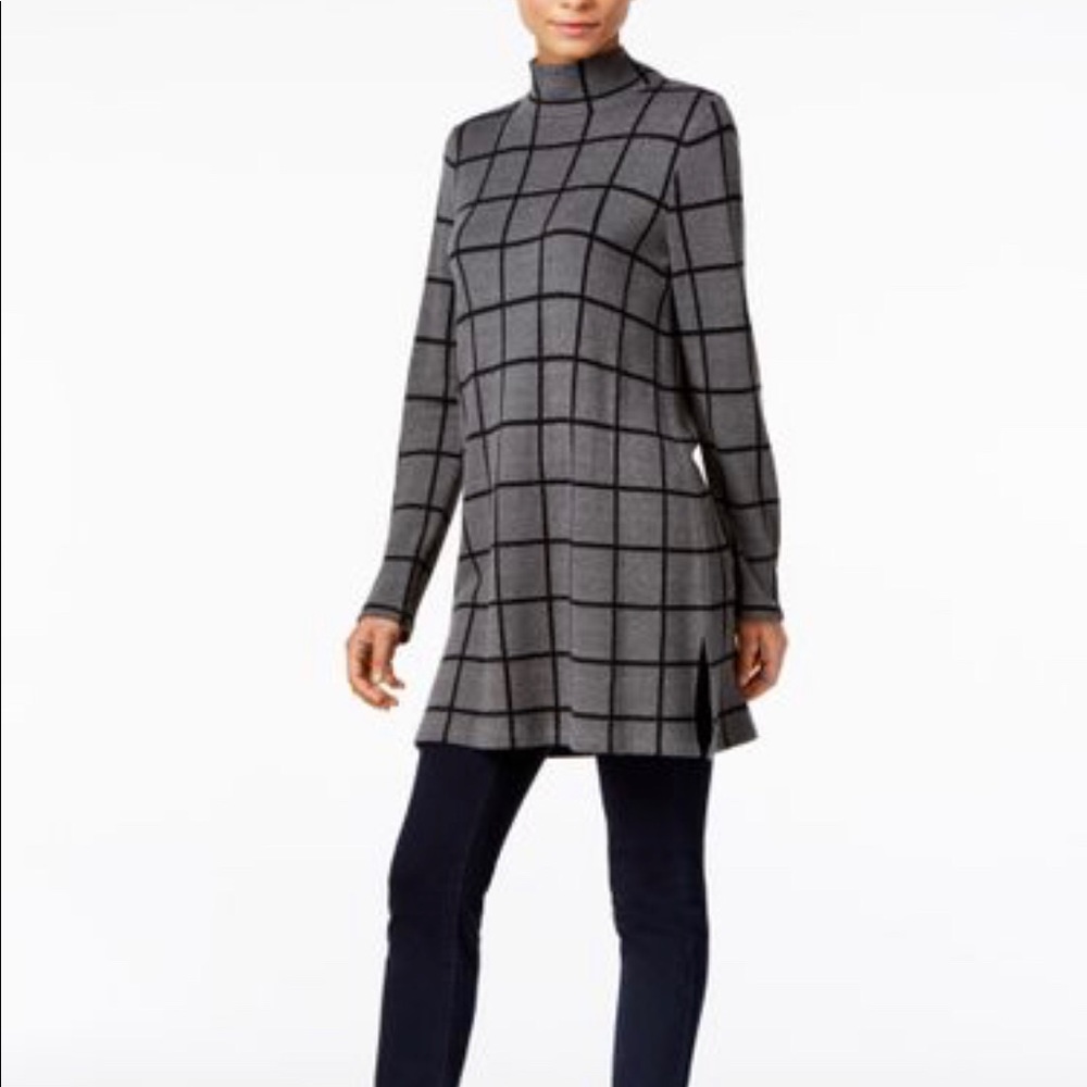 Mock neck window pane tunic sweater